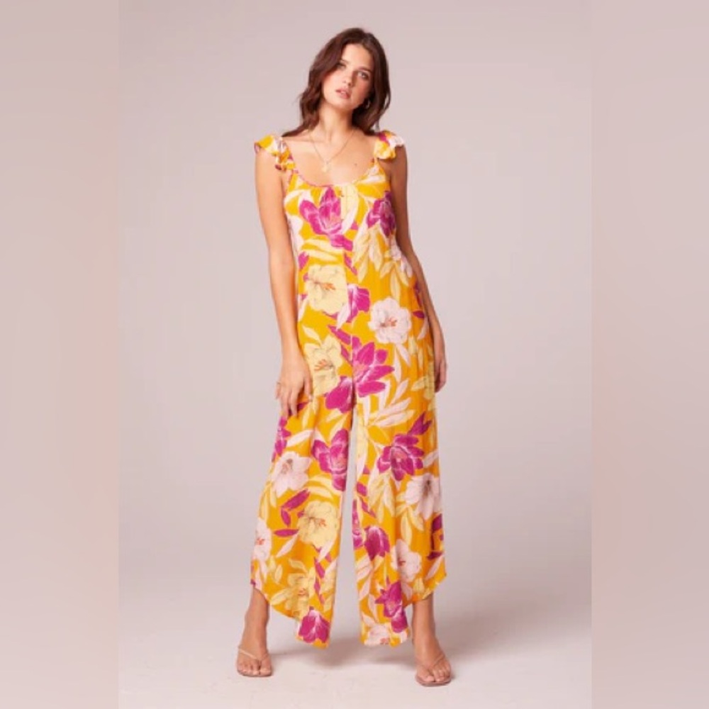 NWT Band Of The Free EUPHORIA GOLD FLORAL WIDE LEG JUMPSUIT Bohemian Tie Back